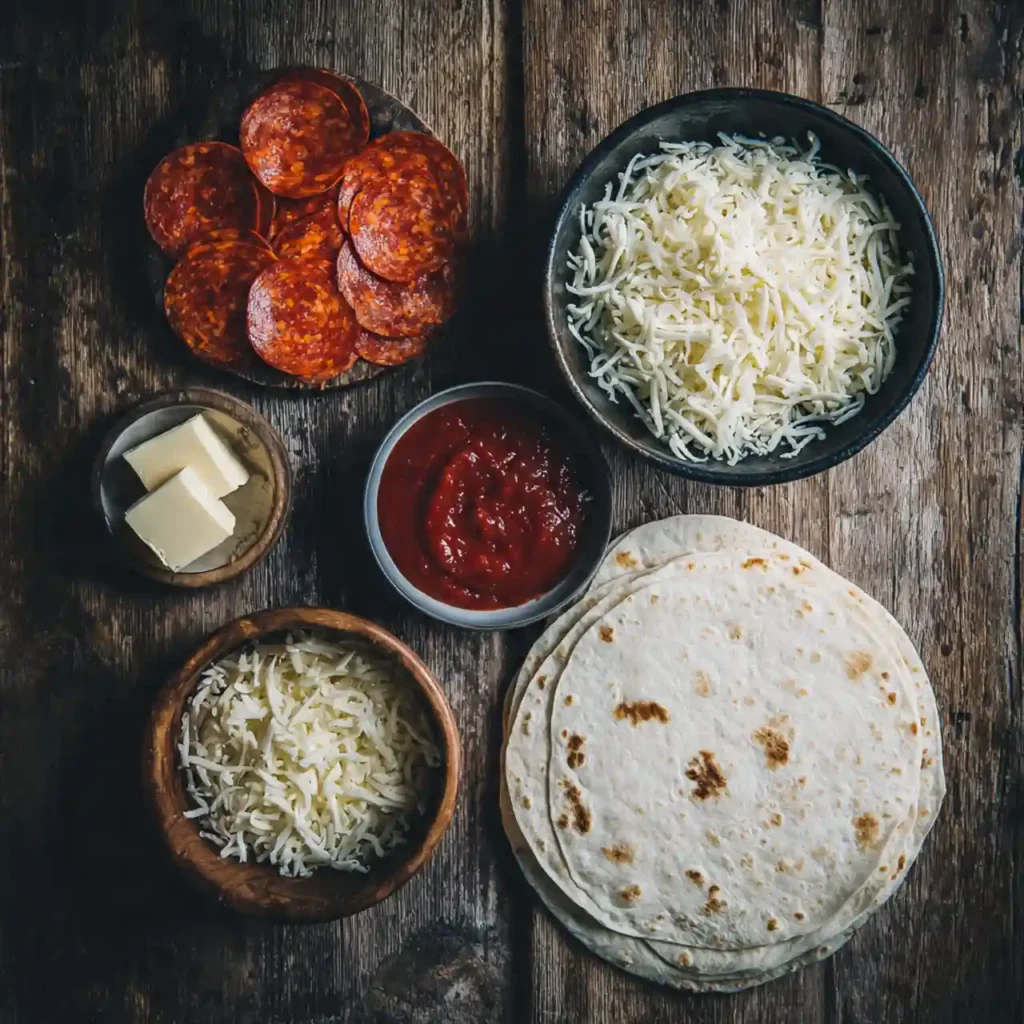 ingredients for 5-ingredient pizza quesadillas including tortillas mozzarella pepperoni and pizza sauce