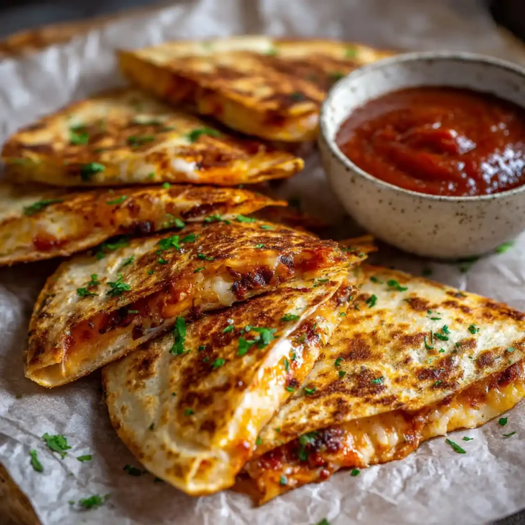 sliced 5-ingredient pizza quesadillas served with marinara dipping sauce
