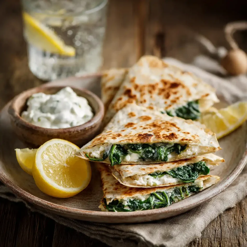 Spinach and Feta Quesadillas served with yogurt dip