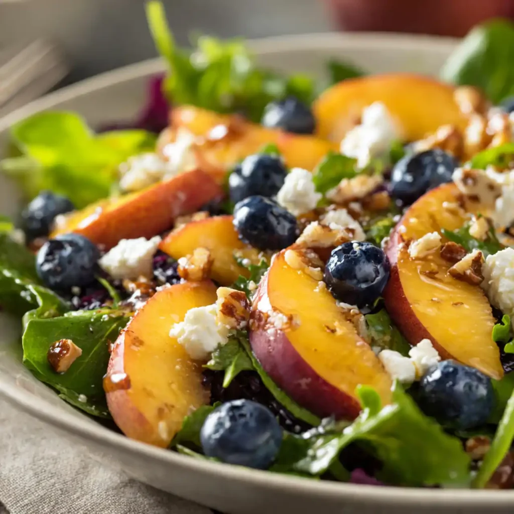 close up blueberry peach feta salad with juicy fruit and feta