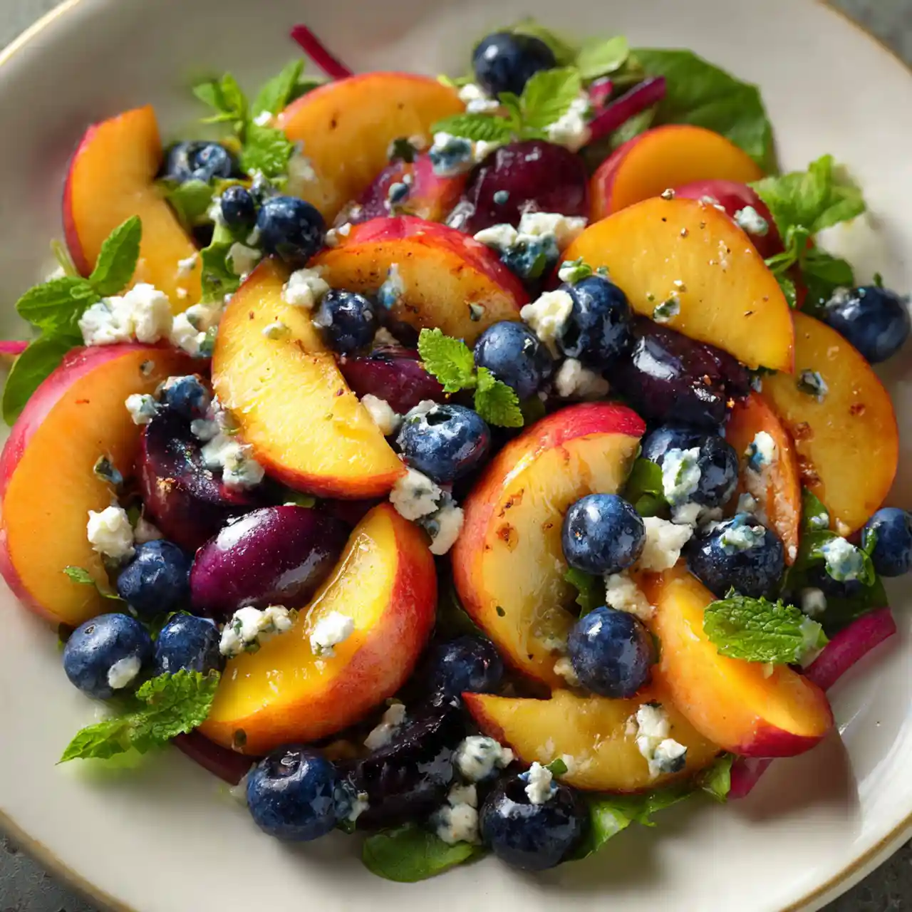 blueberry peach feta salad with fresh mint and honey drizzle