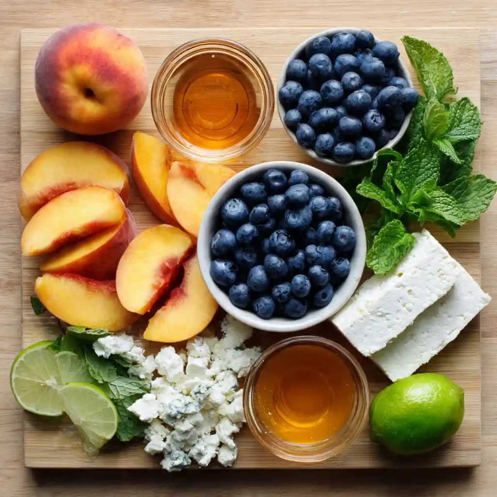 ingredients for blueberry peach feta salad including blueberries peaches feta and mint