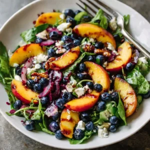 blueberry peach feta salad served with mint garnish