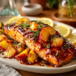 close up bourbon peach roasted salmon with caramelized peach glaze
