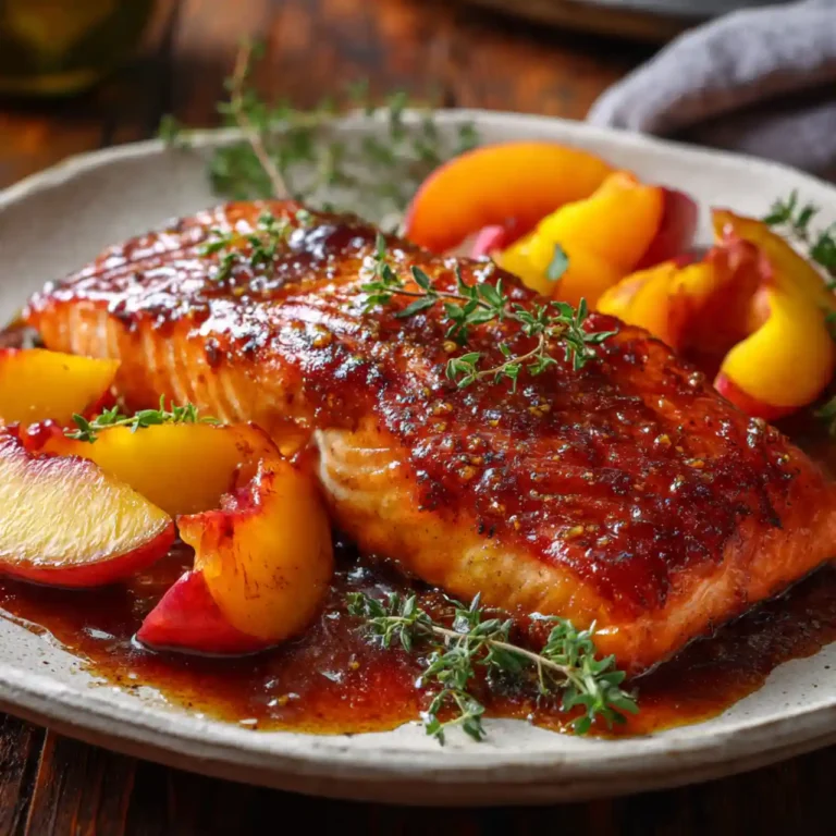 bourbon peach roasted salmon with caramelized peaches and glaze