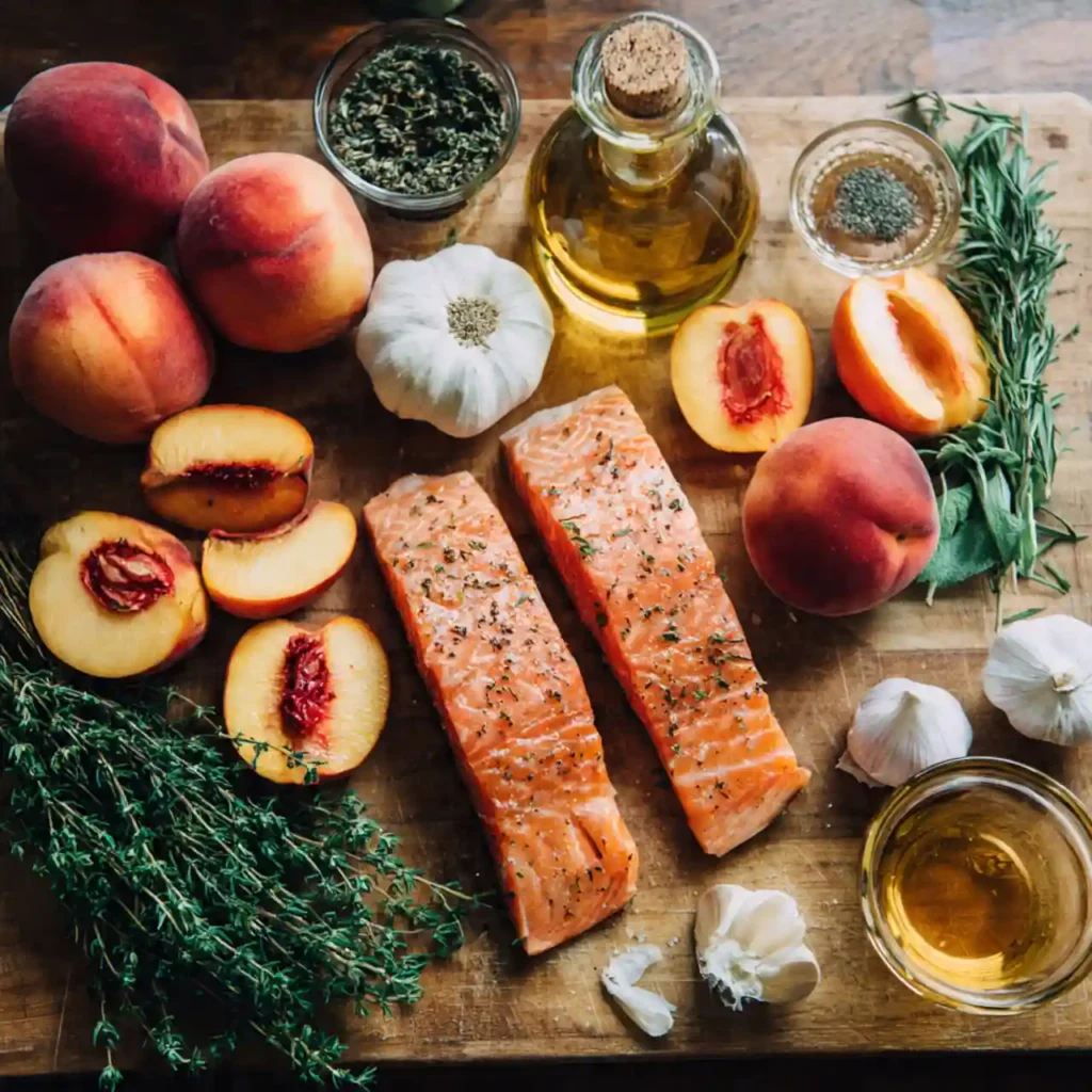 ingredients for bourbon peach roasted salmon including salmon fillets fresh peaches bourbon and garlic