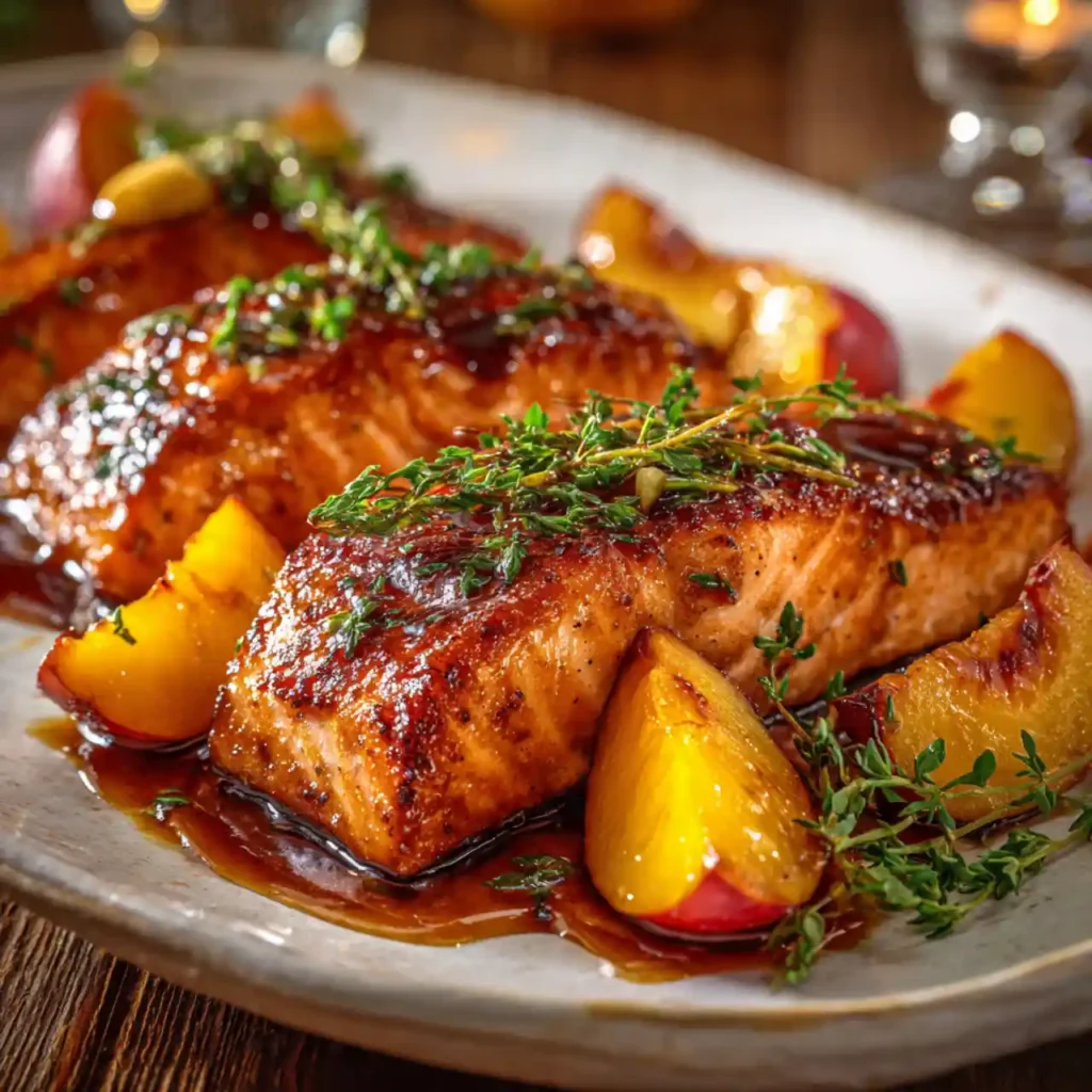 bourbon peach roasted salmon served with rice and vegetables