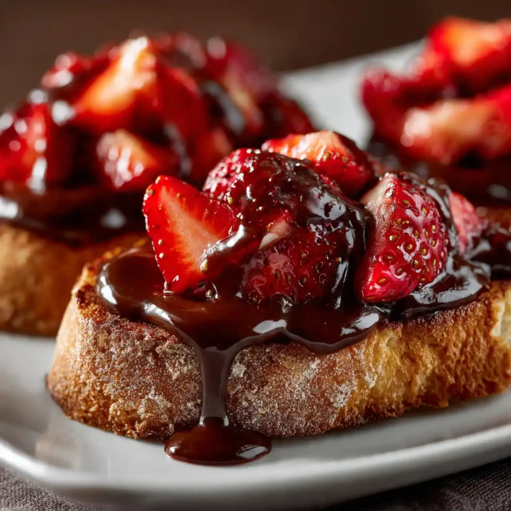 close-up chocolate strawberry bruschetta showing strawberries and melted chocolate
