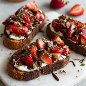 chocolate strawberry bruschetta with fresh strawberries and melted chocolate