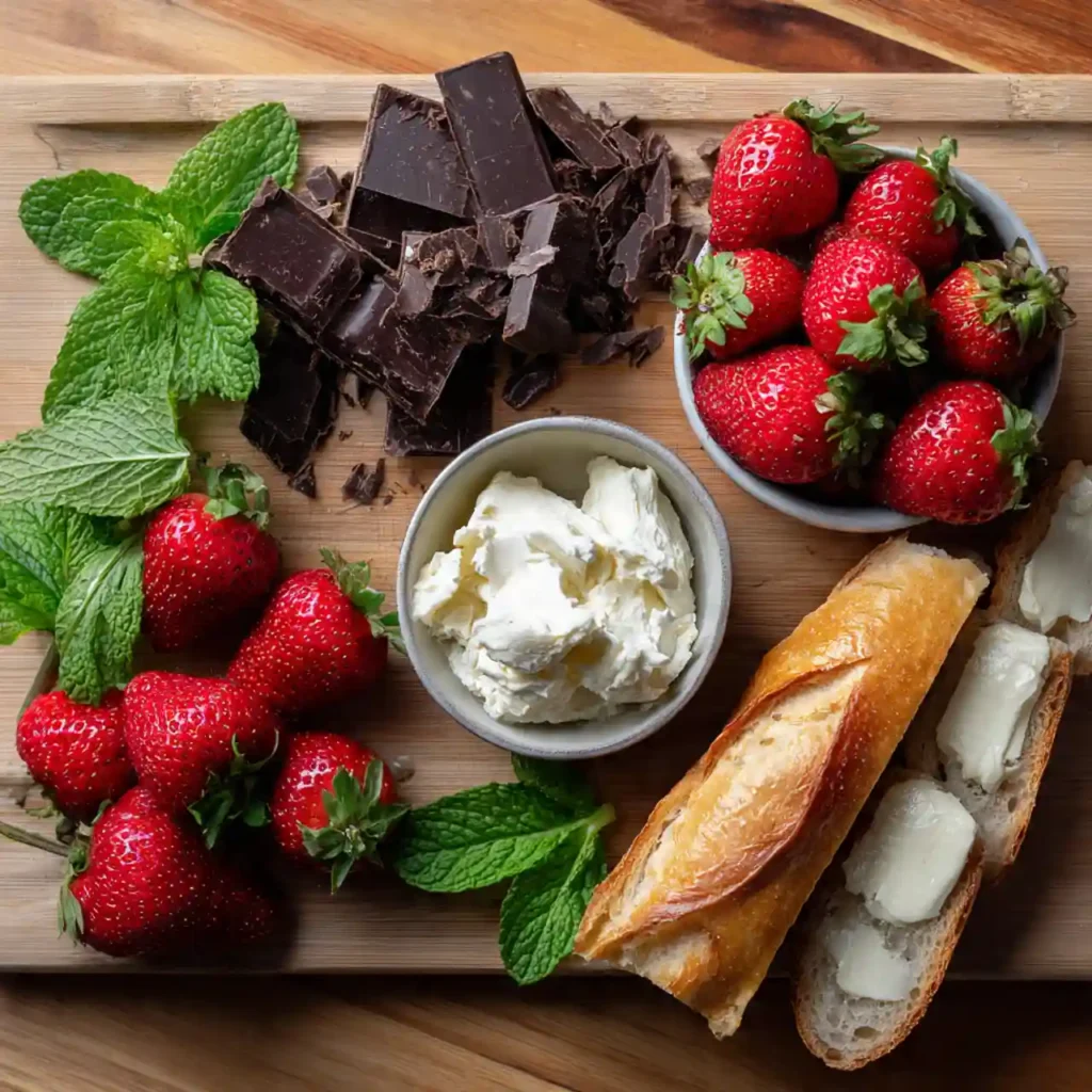 ingredients for chocolate strawberry bruschetta including strawberries, chocolate, and baguette