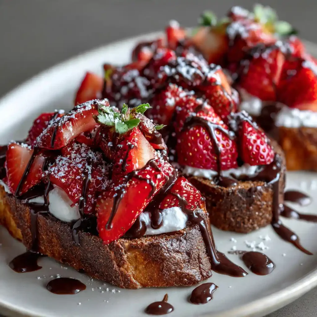 chocolate strawberry bruschetta served on platter with mint garnish
