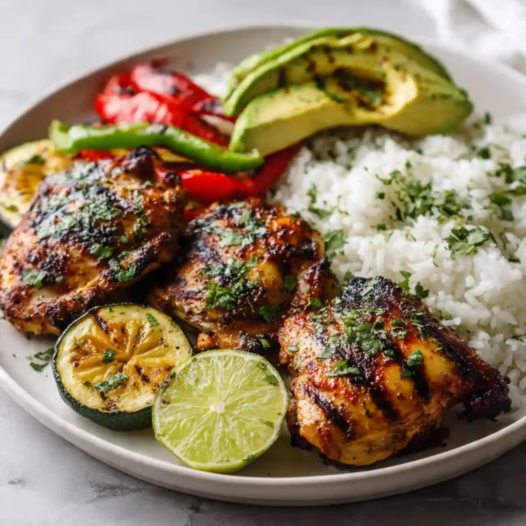 Juicy Cilantro Lime Grilled Chicken Thighs 4 juicy cilantro lime grilled chicken thighs served with rice and grilled vegetables