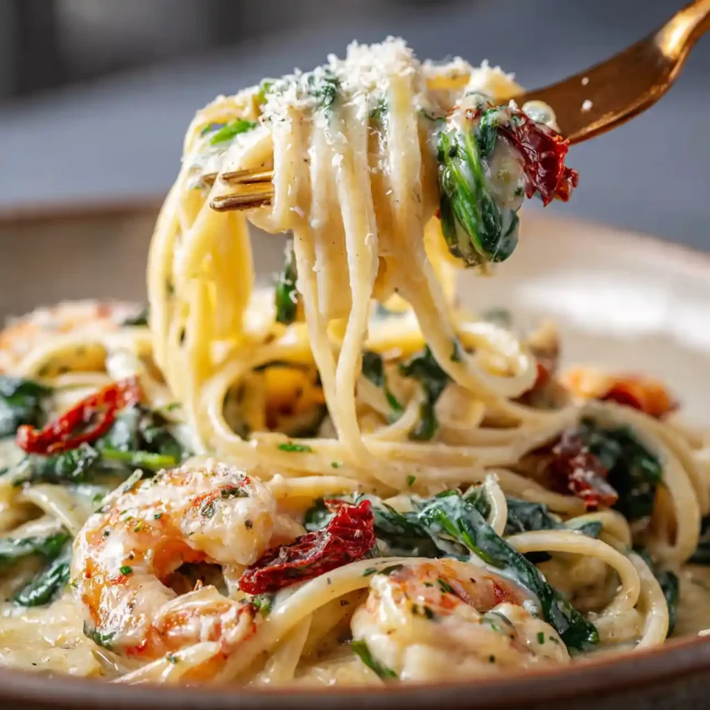 close-up creamy Tuscan garlic butter shrimp pasta showing creamy sauce and shrimp