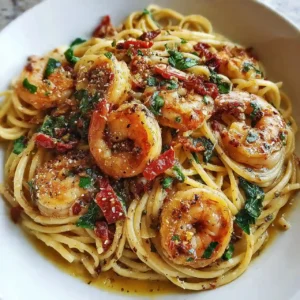 creamy Tuscan garlic butter shrimp pasta with sun-dried tomatoes and spinach