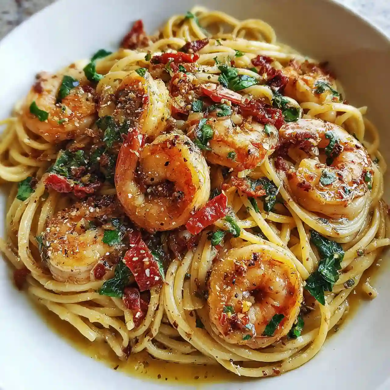 creamy Tuscan garlic butter shrimp pasta with sun-dried tomatoes and spinach