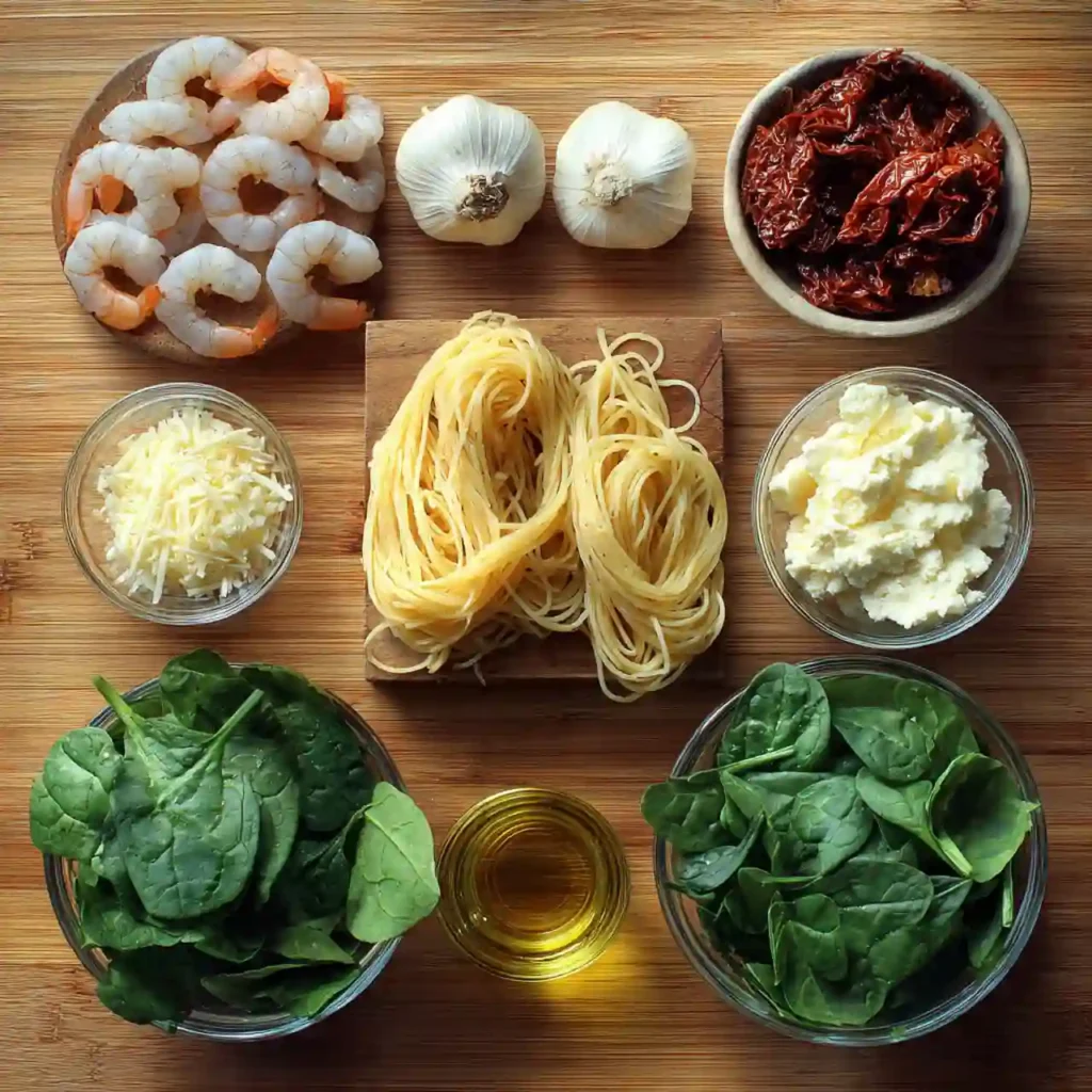 ingredients for creamy Tuscan garlic butter shrimp pasta including shrimp, garlic, spinach, and pasta