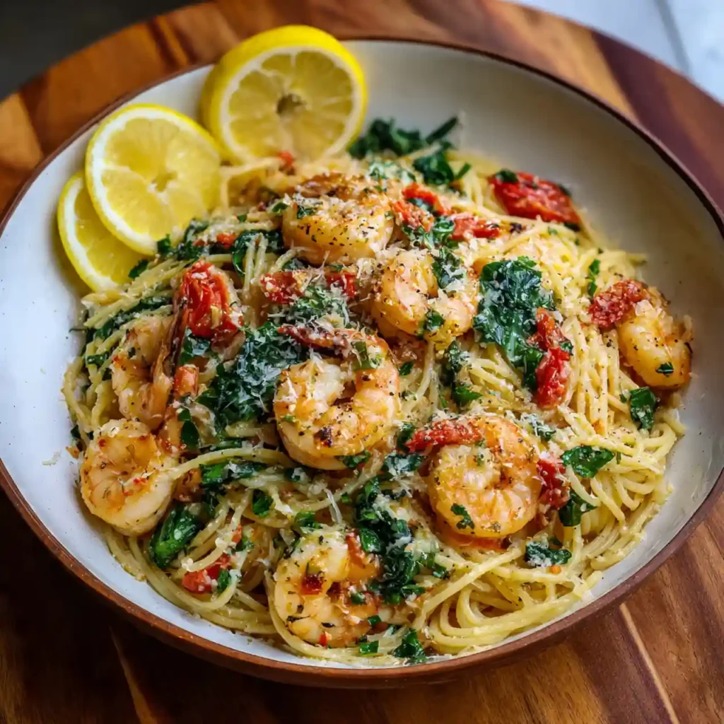 creamy Tuscan garlic butter shrimp pasta served with parmesan and herbs