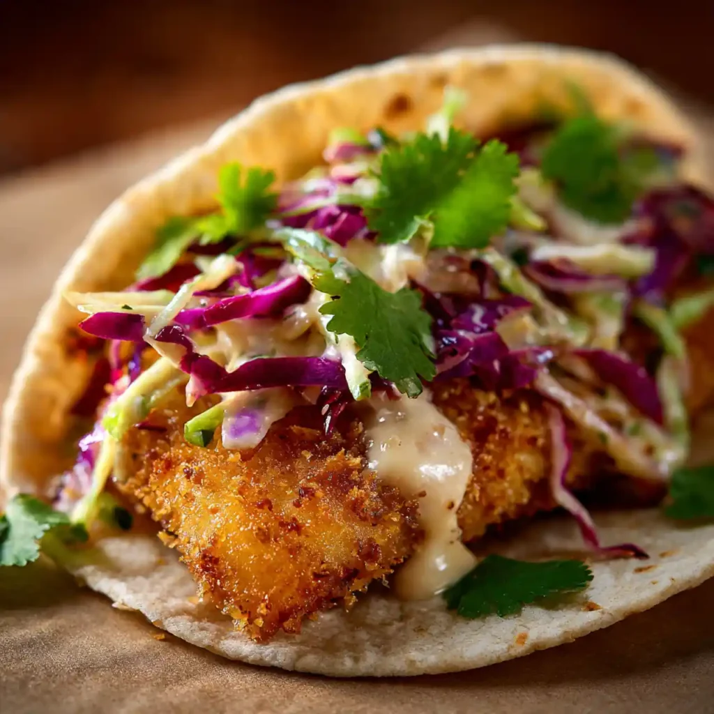close up crispy air fryer fish tacos with chipotle slaw
