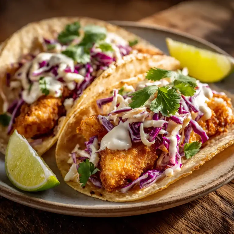 crispy air fryer fish tacos with chipotle slaw served in tortillas