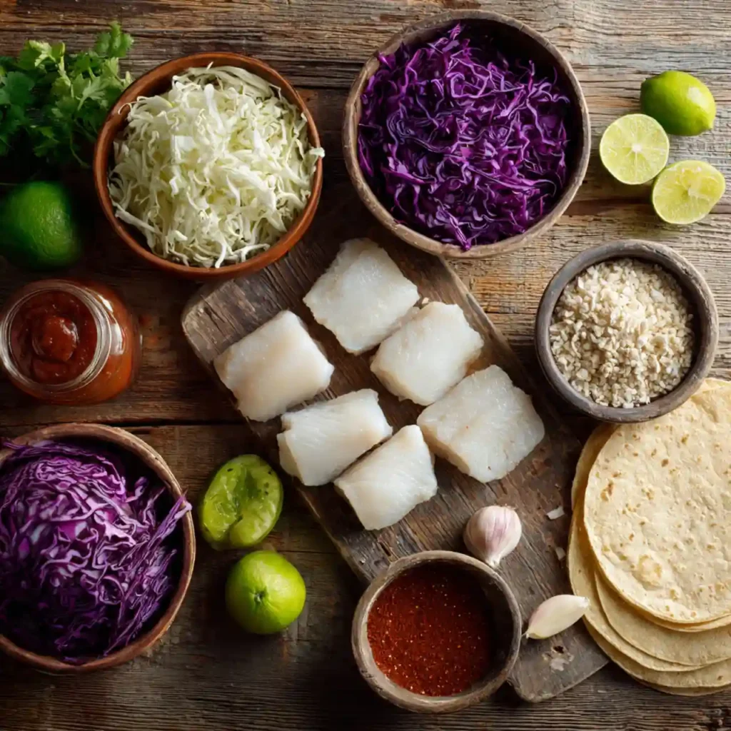 ingredients for crispy air fryer fish tacos with chipotle slaw including fish cabbage tortillas and spices