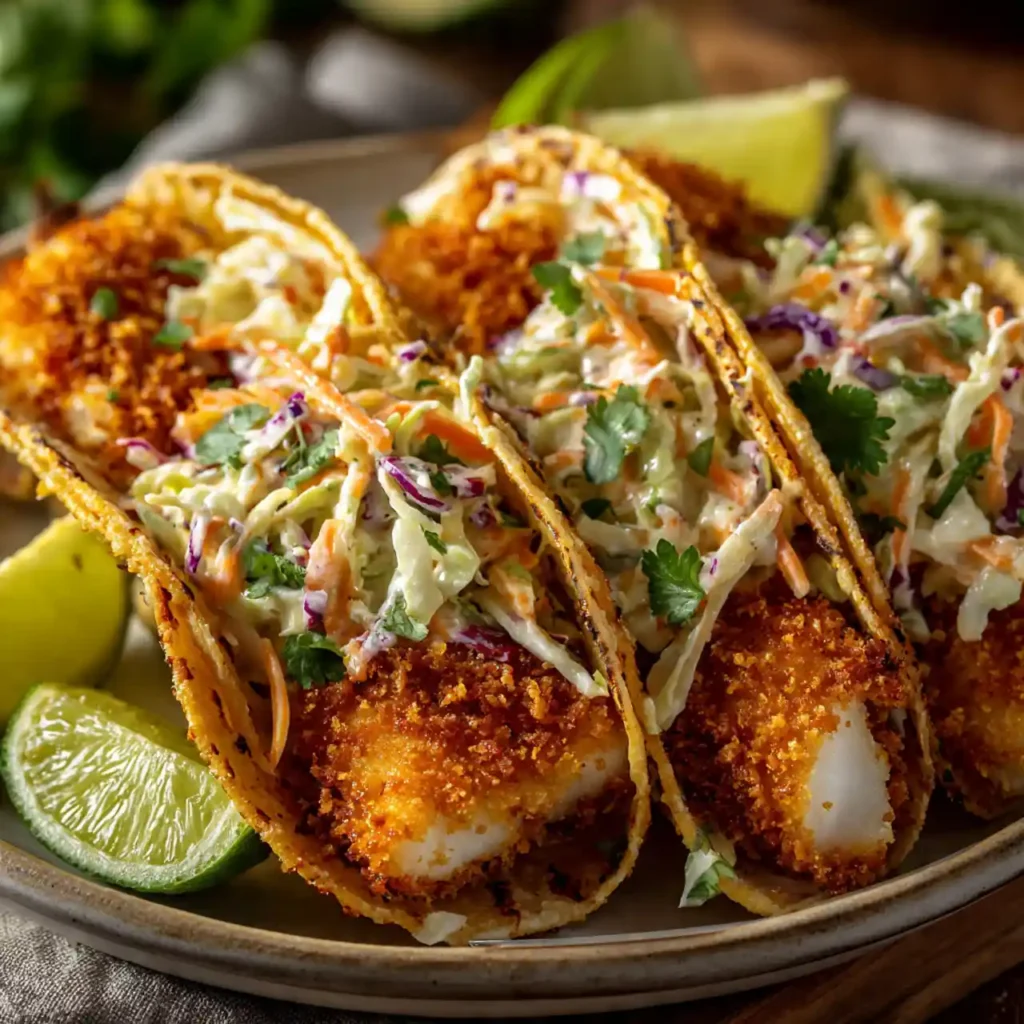 crispy air fryer fish tacos topped with chipotle slaw and lime