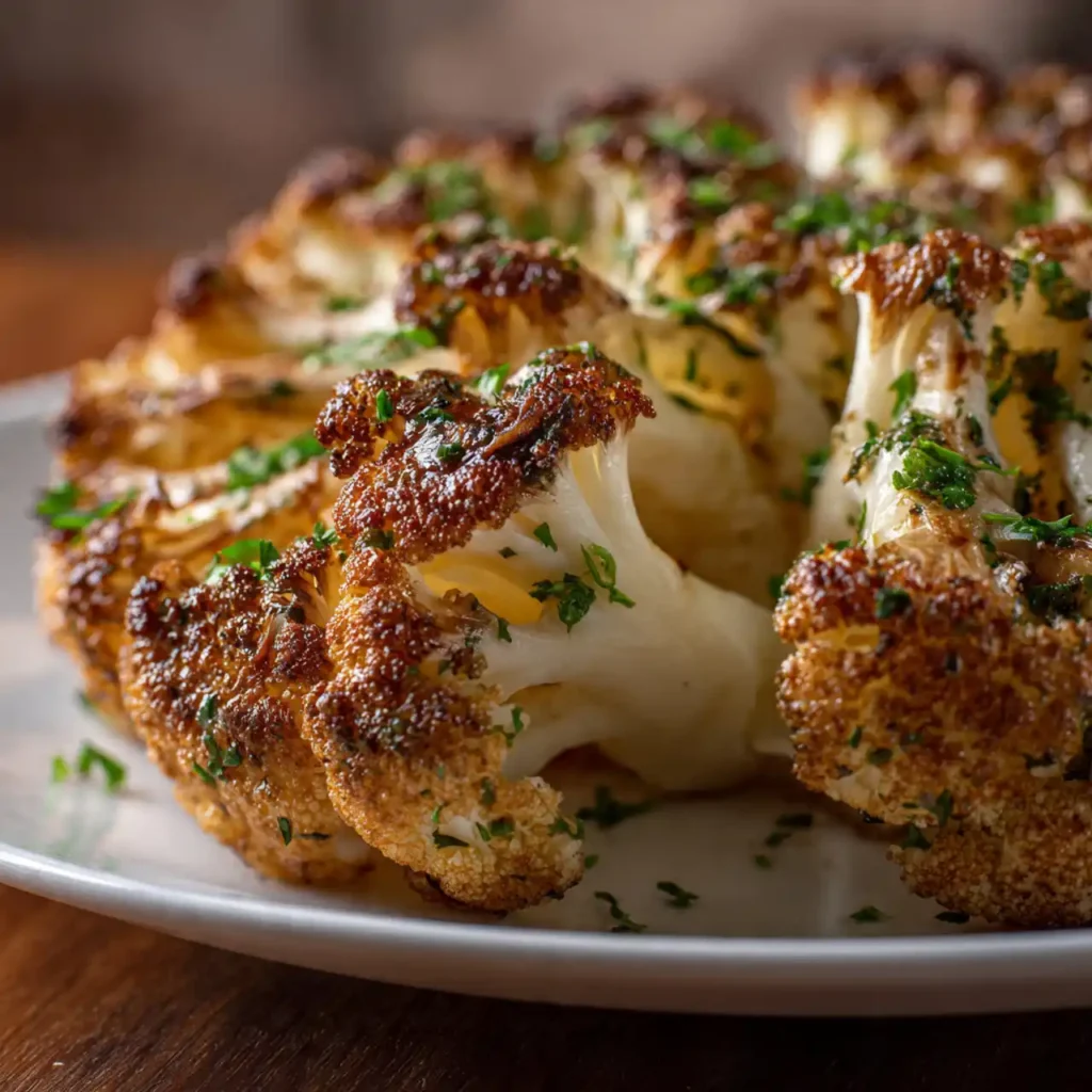 close up crispy baked cauliflower steaks with roasted edges