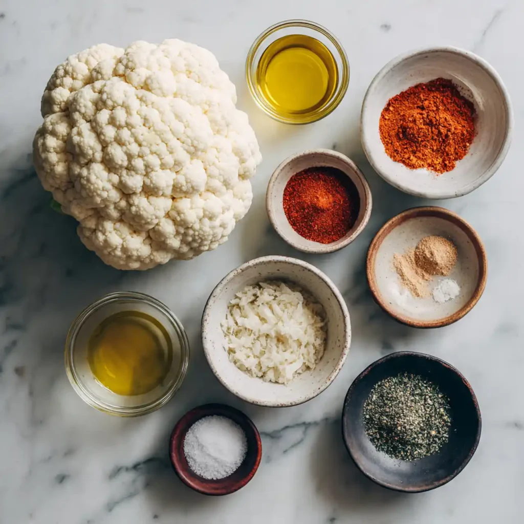 ingredients for easy crispy baked cauliflower steaks recipe including cauliflower olive oil and spices