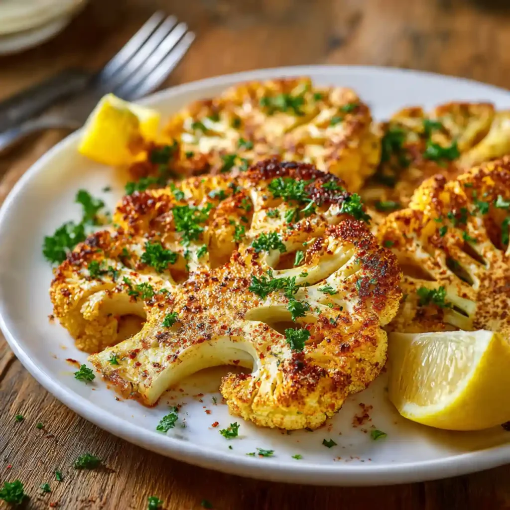 easy crispy baked cauliflower steaks served with lemon and herbs