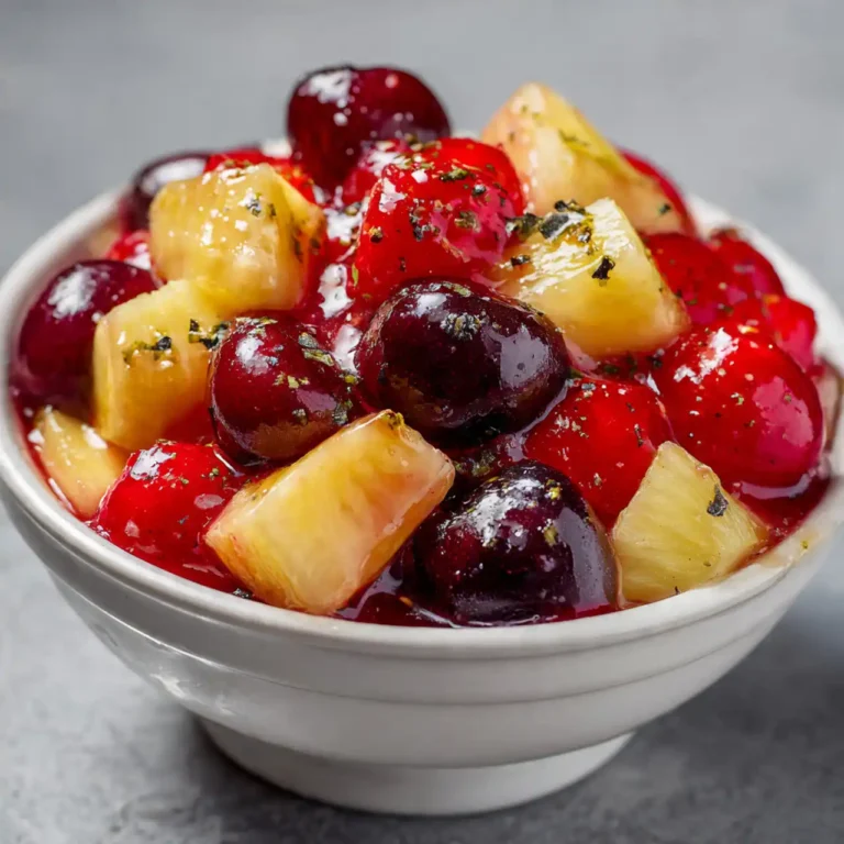 easy fruit salad with cherry pie filling topped with whipped topping