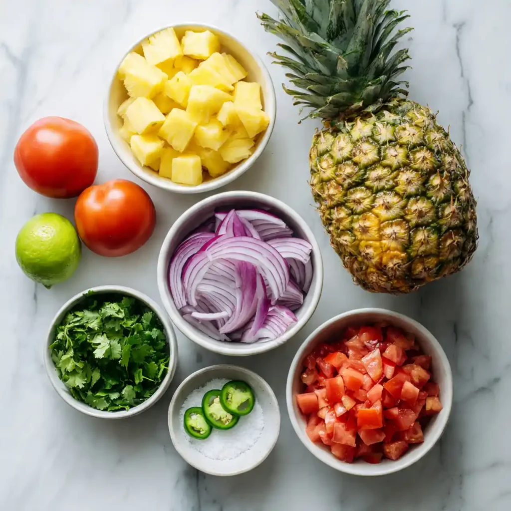 ingredients for easy pineapple pico de gallo recipe including pineapple tomato cilantro and lime