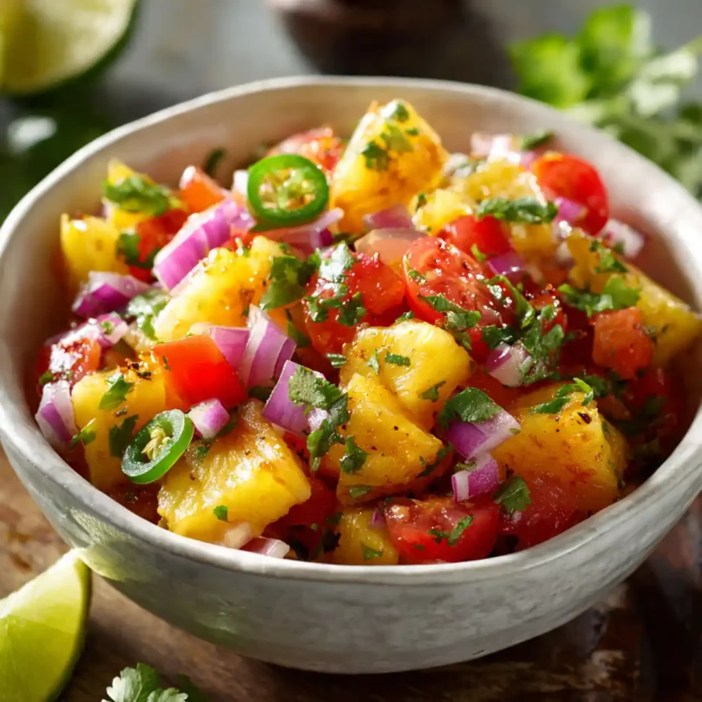 easy pineapple pico de gallo served with tortilla chips