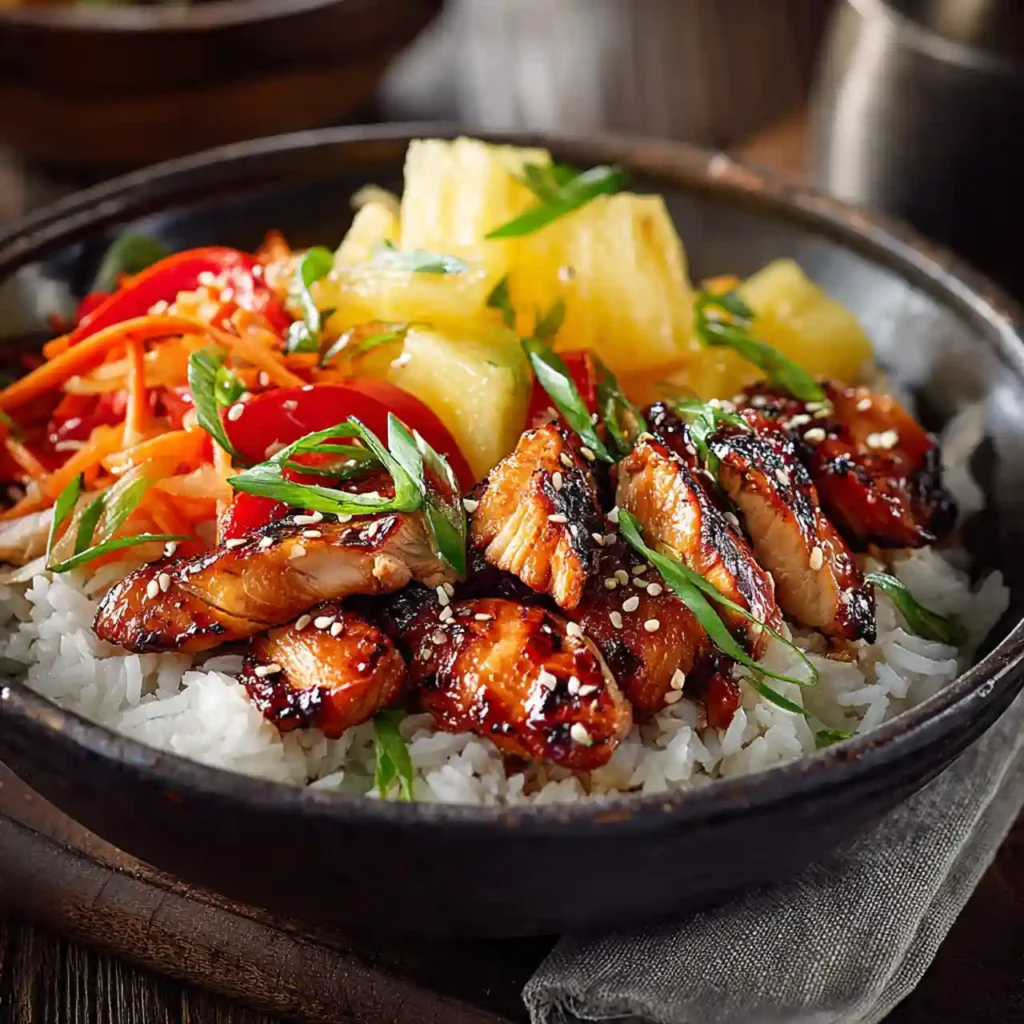 Hawaiian Chicken Bowls (Sweet & Savory) 2 close-up Hawaiian chicken bowls showing pineapple chicken and rice