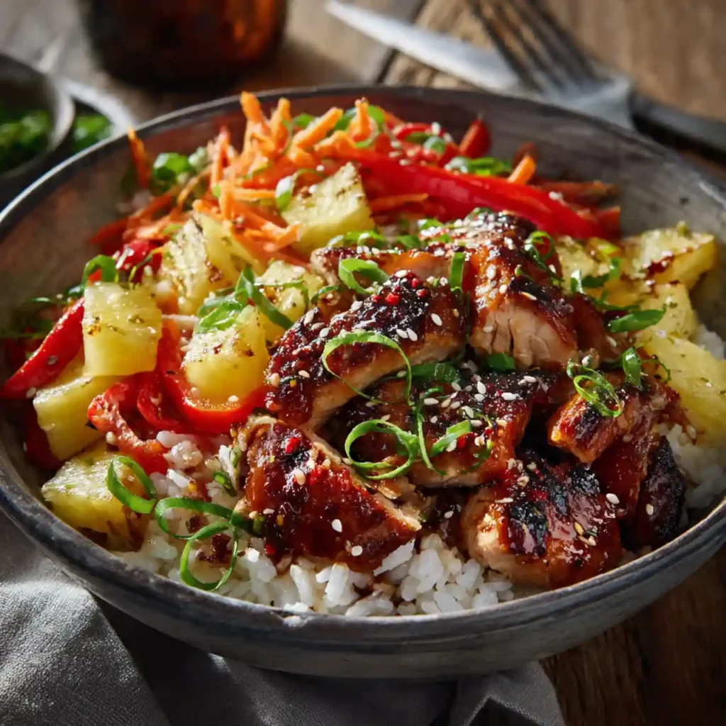 Hawaiian Chicken Bowls (Sweet & Savory) 3 Hawaiian chicken bowls served with green onions and sesame seeds