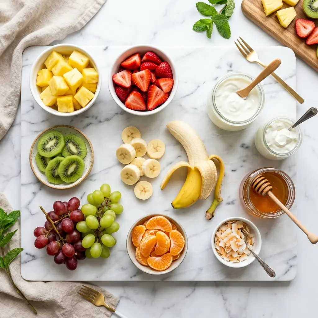 Easy Hawaiian Fruit Salad Recipe 2 ingredients for hawaiian fruit salad including pineapple strawberries grapes kiwi mango and coconut