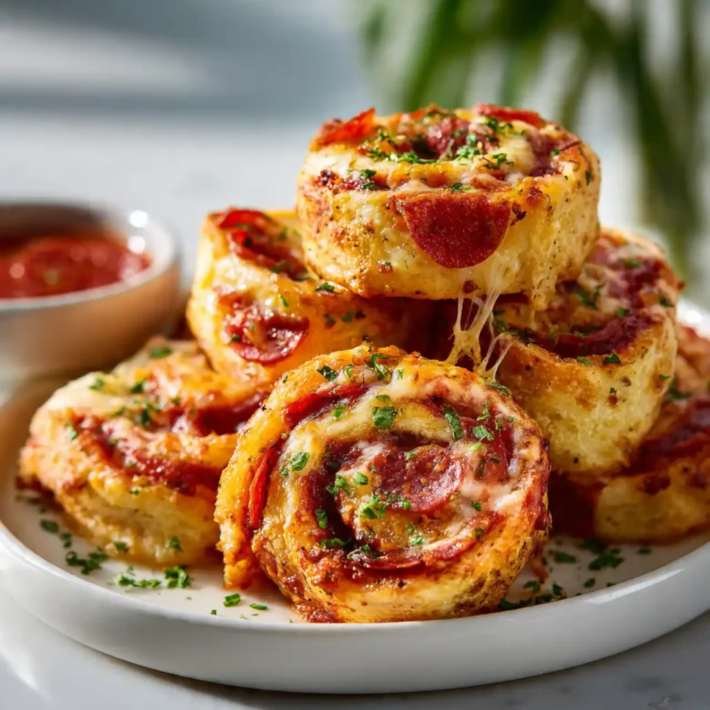 close up high protein pepperoni pizza rolls with gooey cheese