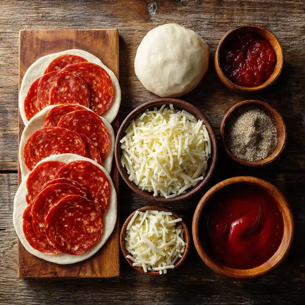 ingredients for high protein pepperoni pizza rolls including dough pepperoni and mozzarella