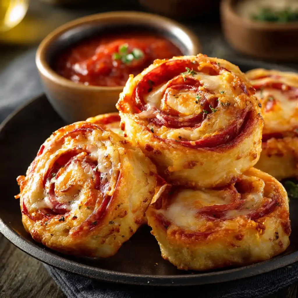 high protein pepperoni pizza rolls served with marinara sauce