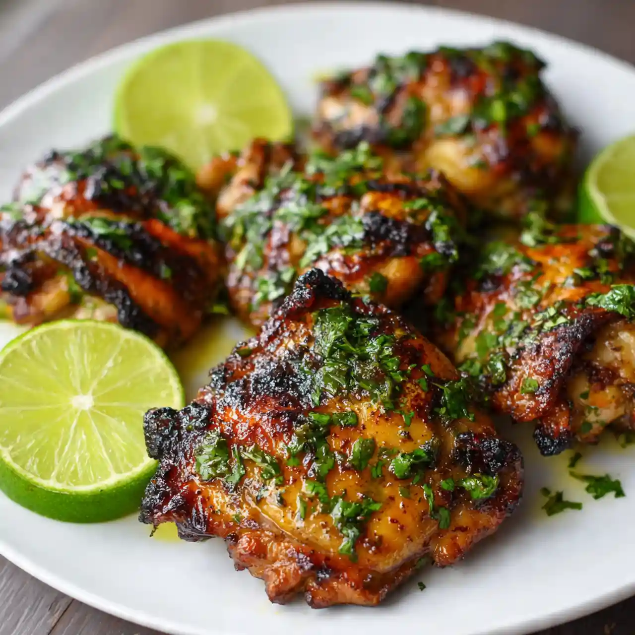 Juicy Cilantro Lime Grilled Chicken Thighs 1 juicy cilantro lime grilled chicken thighs with fresh cilantro and lime slices