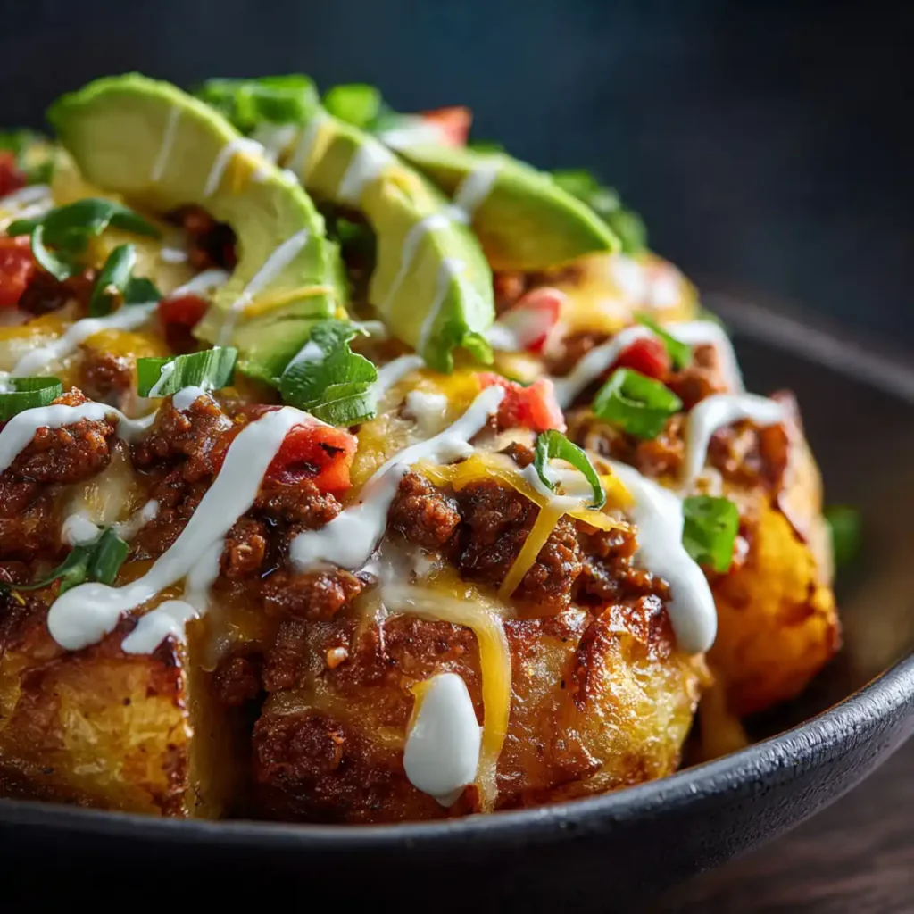 close-up loaded potato taco bowl showing crispy potatoes and taco toppings