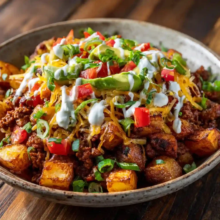 loaded potato taco bowl with roasted potatoes, taco meat, cheese, and toppings
