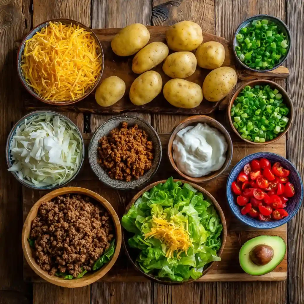 ingredients for loaded potato taco bowl including potatoes, taco meat, cheese, and toppings