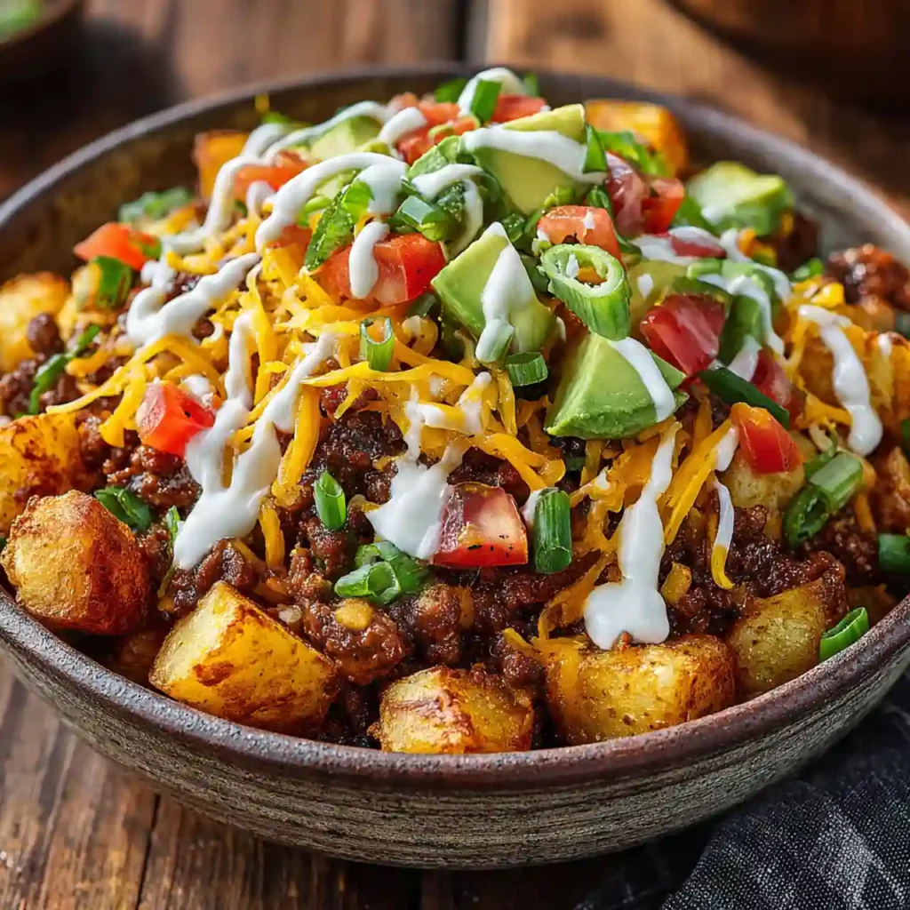 loaded potato taco bowl served with sour cream avocado and cheese