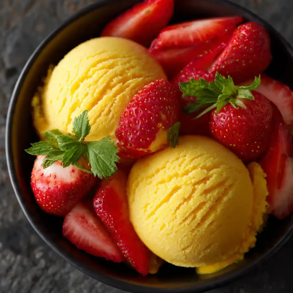 close-up mango strawberry sorbet scoop showing smooth frozen texture