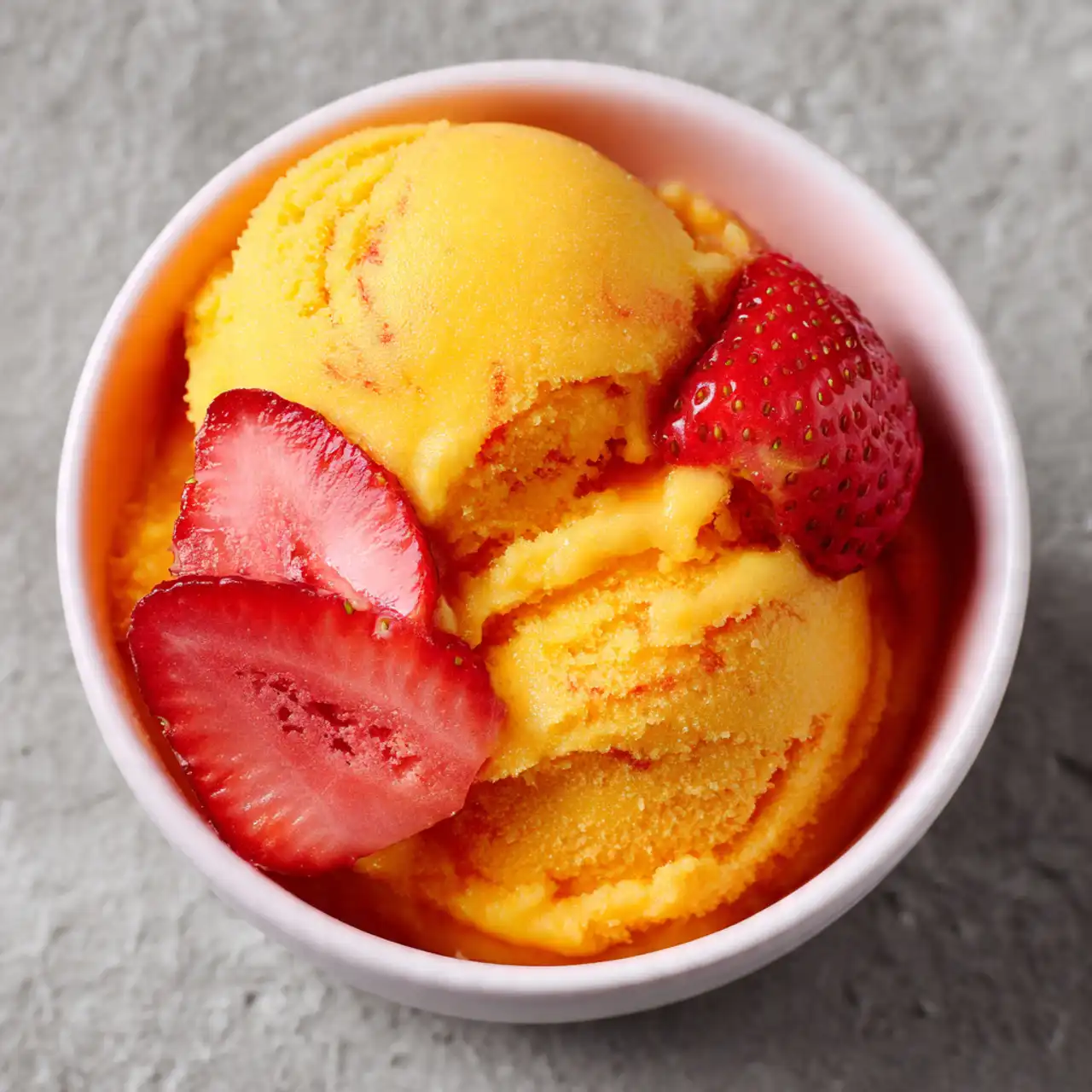 mango strawberry sorbet scoops in bowl with fresh mango and strawberries