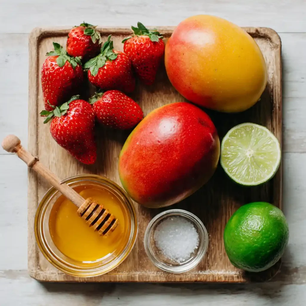 ingredients for mango strawberry sorbet including fresh mango and strawberries