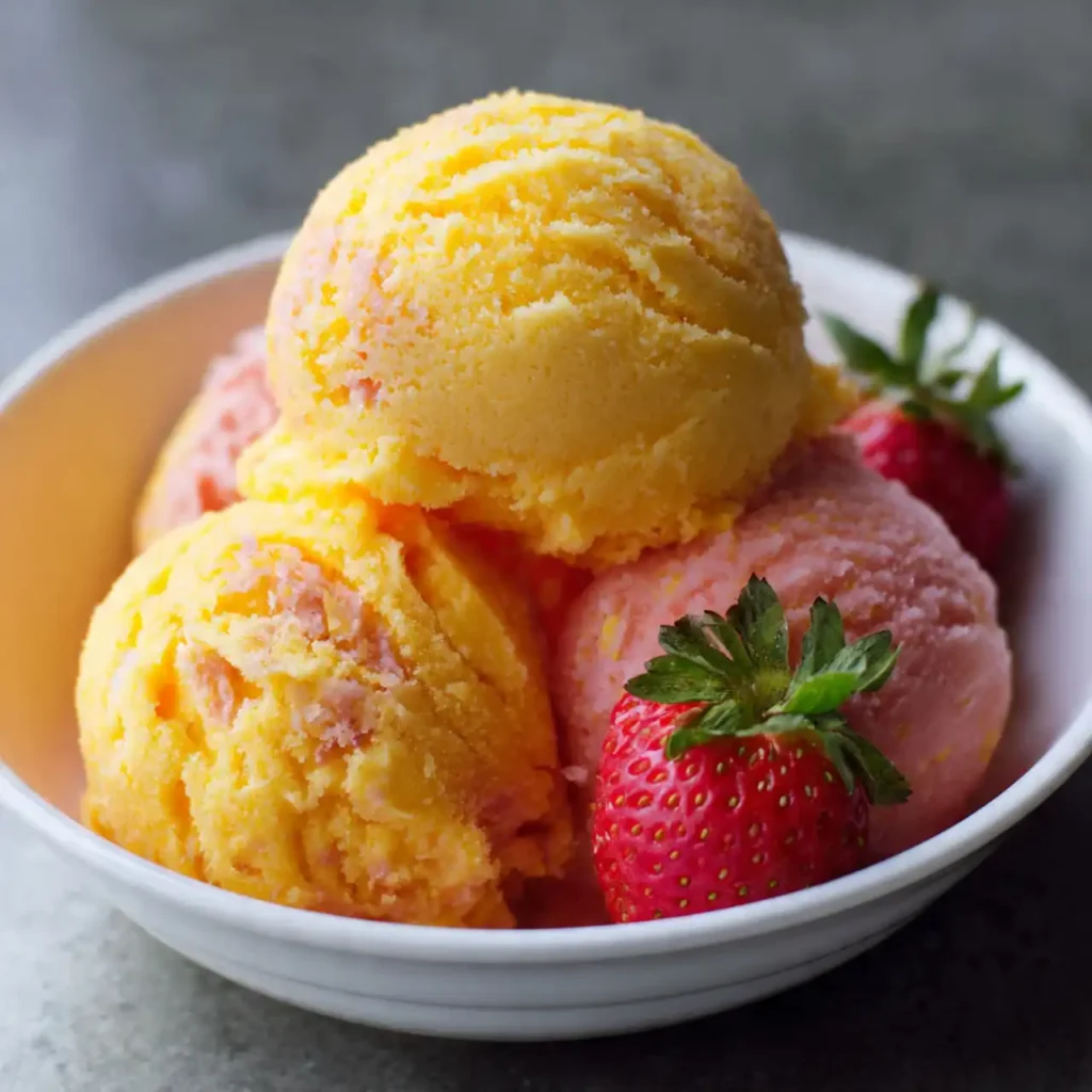 mango strawberry sorbet served in bowl with fresh fruit garnish