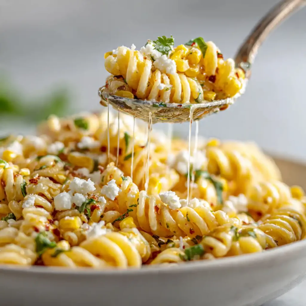 Mexican Street Corn Pasta Salad 3 close up mexican street corn pasta salad with cotija cheese and chili powder