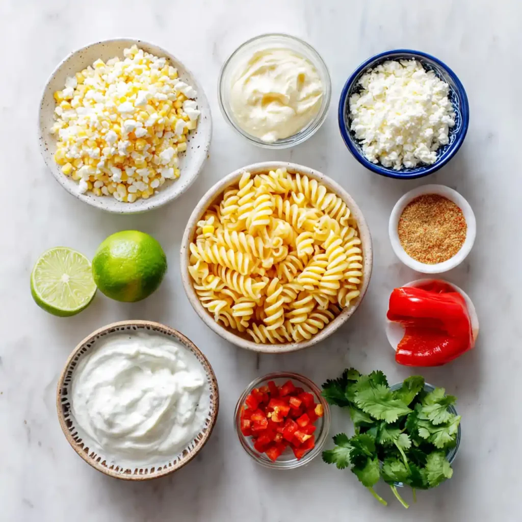 Mexican Street Corn Pasta Salad 2 ingredients for mexican street corn pasta salad including corn pasta cotija cheese and lime