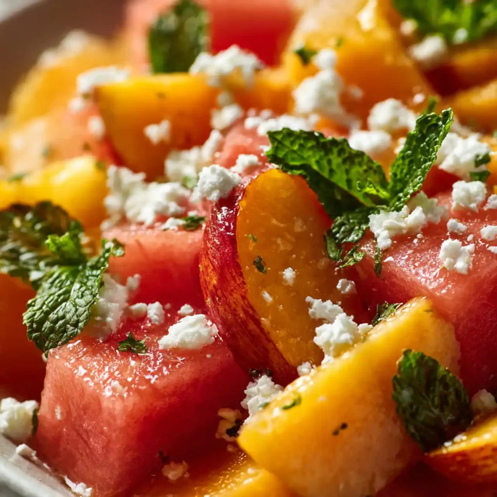 close up peach watermelon salad recipe with juicy fruit and mint