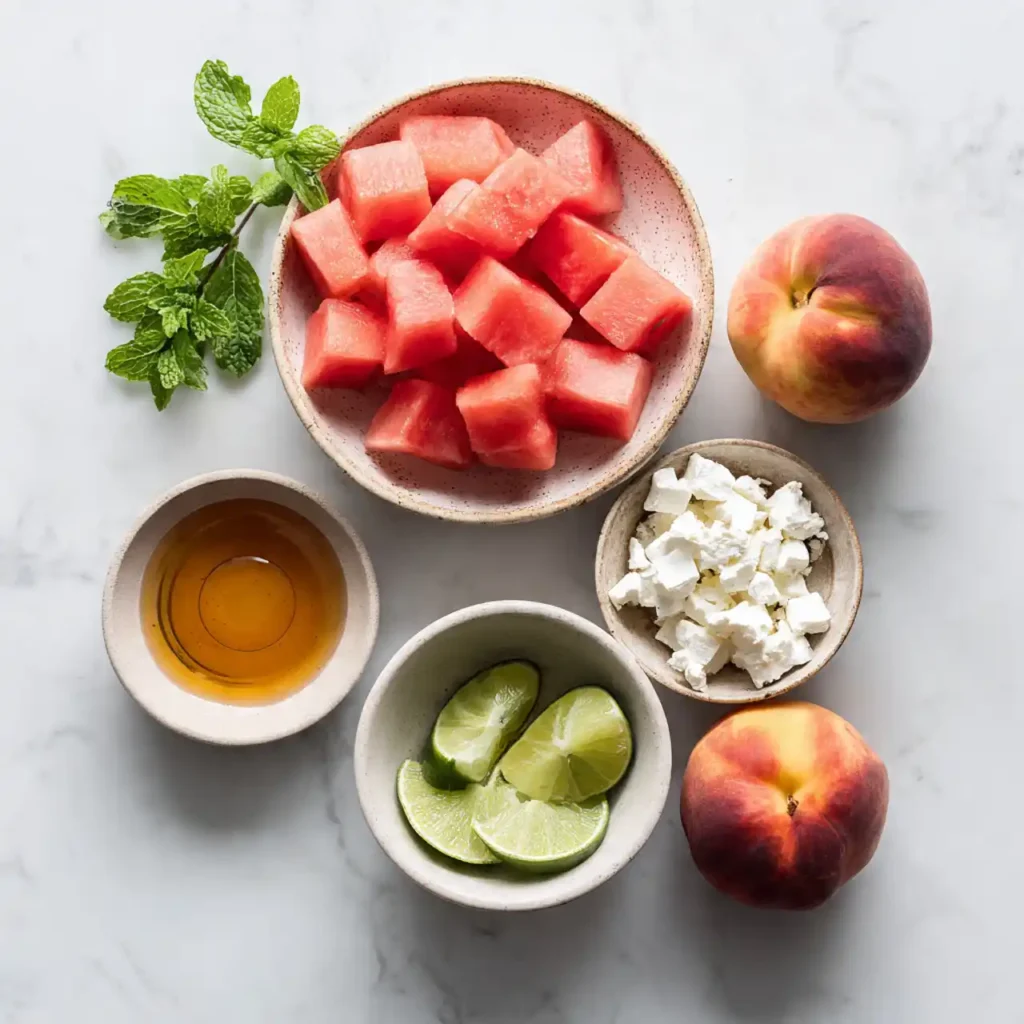 ingredients for peach watermelon salad recipe including peaches watermelon mint and feta